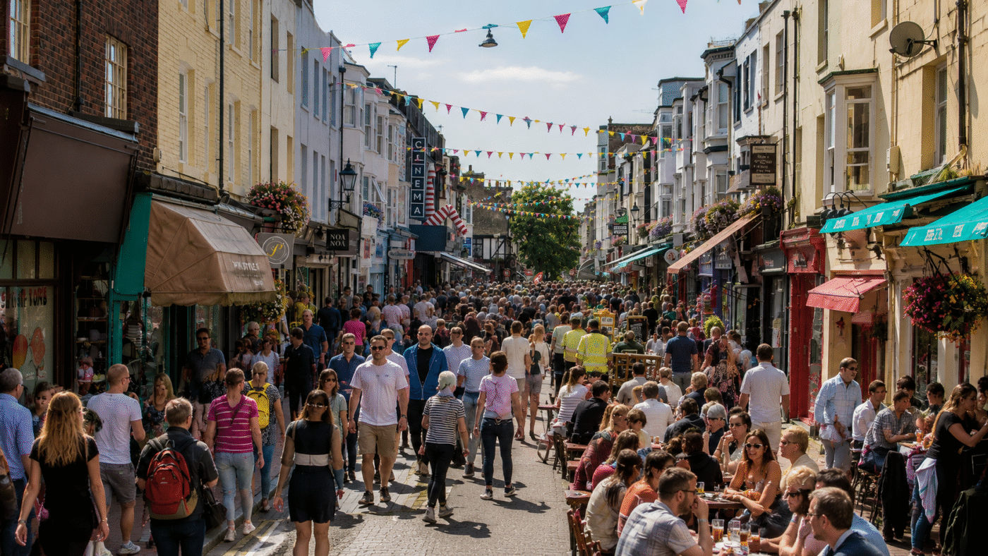 Crowds and bunting in the Brighton Lanes